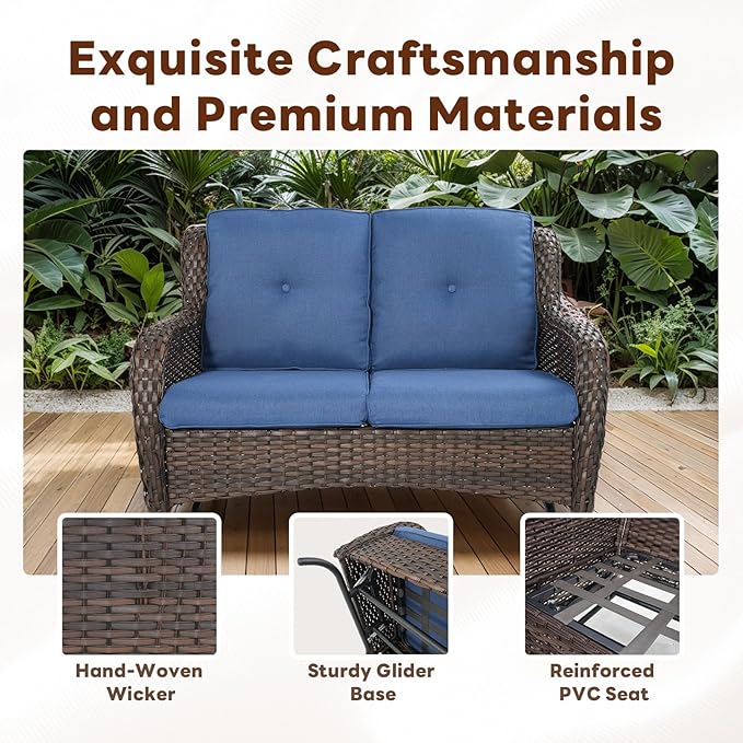 8 Piece Outdoor Patio Furniture Set - 41" CSA Propane Fire Pit Table Patio Conversation Set with Swivel Rocker Outdoor Chairs, Wicker loveseat and Ottoman for Outside Casual Gathering