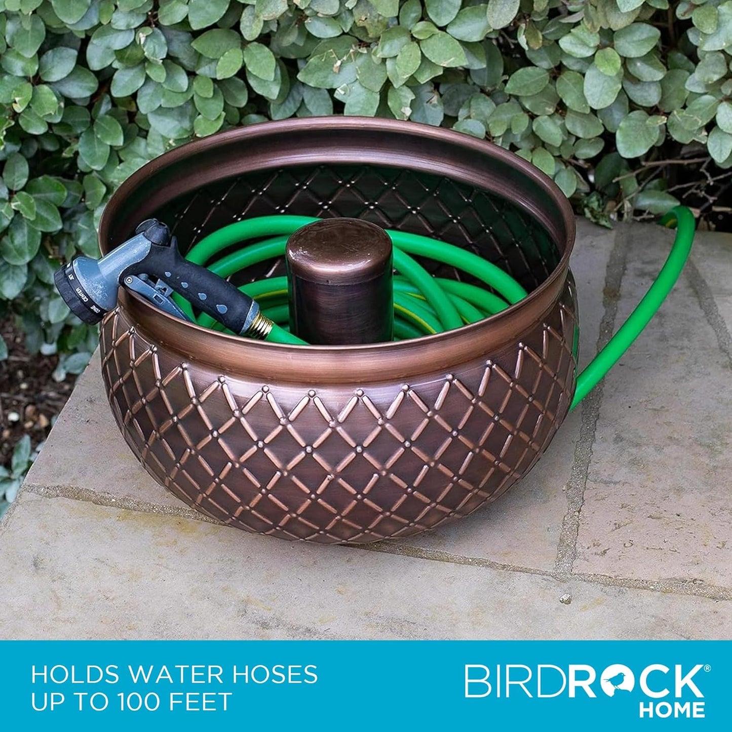 BIRDROCK HOME Water Hose Holder - Decorative Metal Pot, Indoor or Outdoor, Garden Storage Organizer, Patio Portable Bucket - Embossed Steel w/ Copper Accents, Holds up to 100ft Hoses