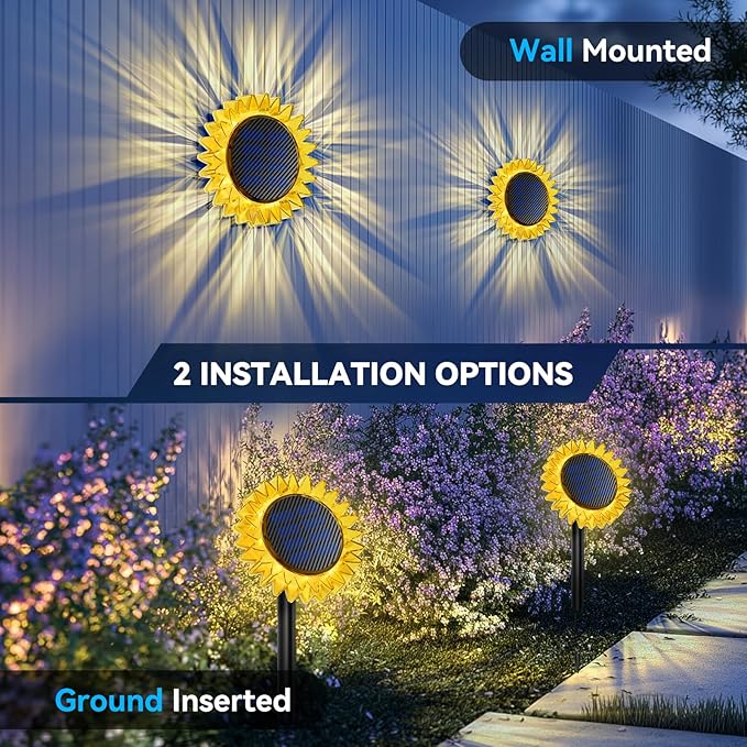 Solar Garden Lights - Upgraded Solar Sunflower Light, Ground/Wall 2 In 1, Outdoor Lights Waterproof IP67,Garden Yard Patio Backyard Pathway Landscape Fence Wall Decoration, Warm White(2 Pack)