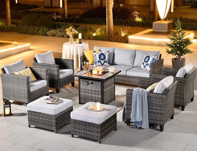 ovios 8 Pieces Patio Furniture Set with 30" Fire Pit Table, Outdoor Wicker Sofa with Comfy Cushions, All Weather High Back Rattan Couch Conversation Set, Grey
