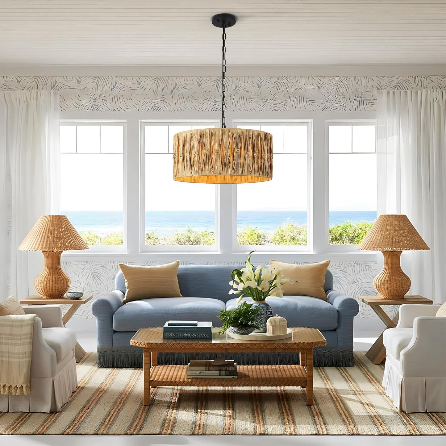 5-Light Boho Chandelier Light Fixture, 18.5" Large Raffia Drum Chandelier Hand Woven Coastal Pendant Light for Dining Room Kitchen Entryway Foyer Bedroom