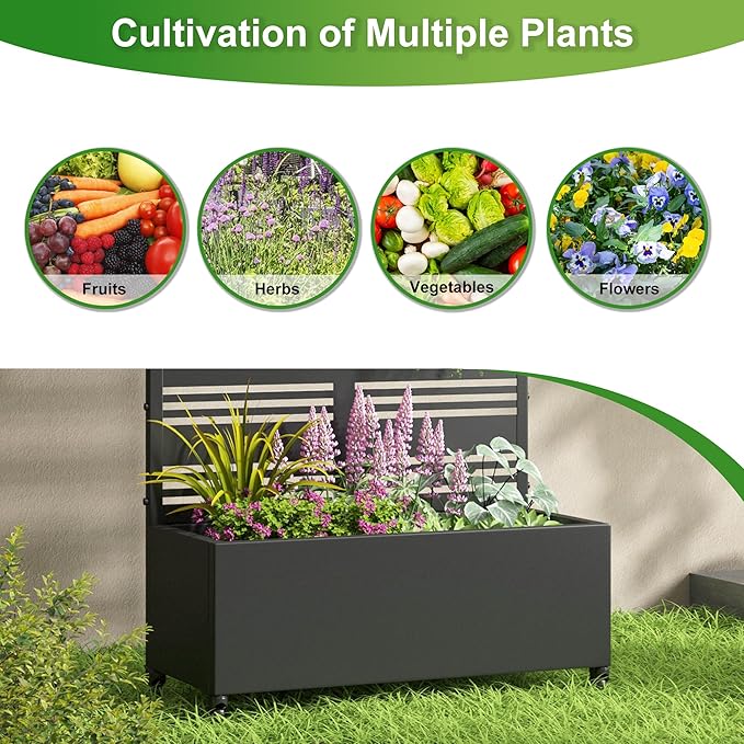 Casaphoria Metal Raised Garden Bed with Trellis and Wheels, 72"x47"x16" Planter Box for Climbing Plants, Vegetables & Vines, Features Drainage Holes and Privacy Screen (Black-Helen)