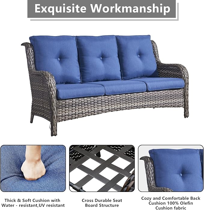 Outdoor Wicker Patio Furniture Set - 6 Piece Rattan Patio Conversation Set with 2 Rocking Swivel Chairs,2 Ottomans,1 Sofa and 1 Side Table for Porch Deck Backyard Garden(Mixed Grey/Blue)