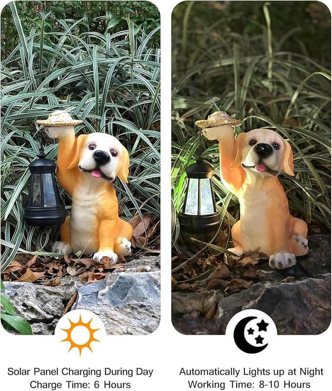 Garden Dog Statues - Adorable Resin Dog Figurines with Straw Hat and Solar LED Lantern, Puppy Decorations Outdoor Solar Light for Yard Patio Lawn Porch, Ornament Gift