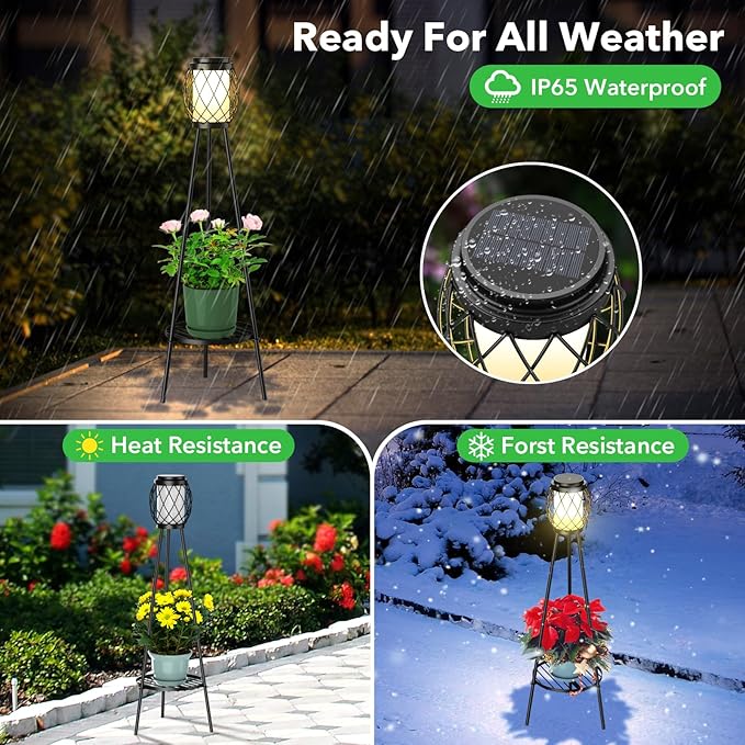 Solar Lights Outdoor Street Lights with Plant Stands 2 Pack, Solar Floor Lamp Metal Tripod Patio Lights for Garden Yard Pathway Driveway Front/Back Porch Decoration