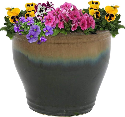 Sunnydaze Studio Large Ceramic Plant Pot - Round Outdoor Glazed Ceramic Planter Pot with Drainage - Forest Lake Green - 14.5"
