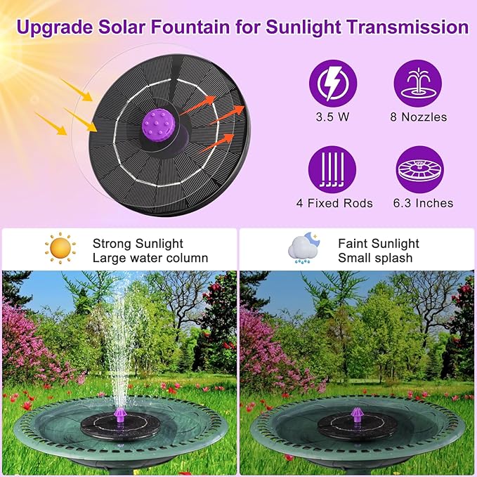 3.5W Solar Bird Bath Fountain Pump, Solar Powered Water Pump, Outdoor Water Fountain Pump with 8-in-1 Nozzles, 4 Fixed Pipes for Hummingbirds, Garden, Pool, Pond