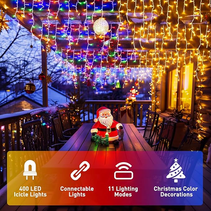 JMEXSUSS Color Changing Christmas Lights Outdoor Waterproof, 400 LED Christmas Icicle Lights with Remote, Warm White to Multicolor Icicle String Lights for Christmas Eaves Party Decorations