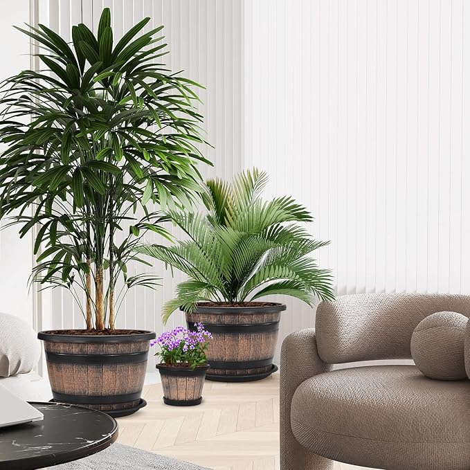 Quarut Plant Pots Set of 3 Pack 9 inch,Whiskey Barrel Planters with Drainage Holes & Saucer.Plastic Decor Flower Pots Imitation Wine Barrel Design,for Indoor & Outdoor Garden Home Plants (Brown)