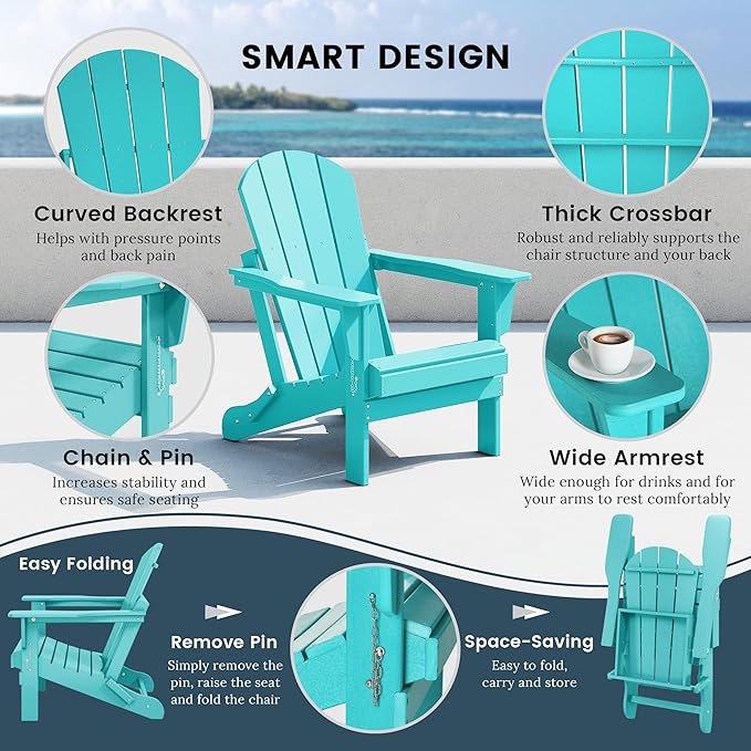 Westin Outdoors Laguna WO Home Outdoor Adirondack Folding Chair Lounger Seat Traditional Retro Home Furniture for Beach, Balcony, Backyard, Lawn, Patio, Pool, Deck, Garden (Turquoise)