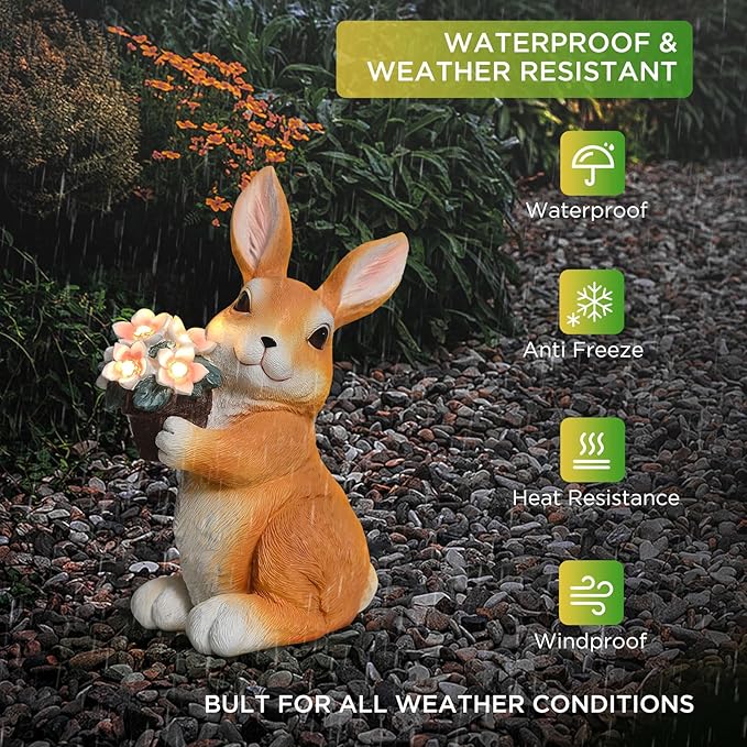 SIX FOXES Solar Garden Outdoor Statues Bunny with Flowers LED Lights - Large Size XXL(10.4×4.5×5.7 inches), Rabbit Decor for Patio, Balcony, Yard, Lawn Ornament, Unique Gifts for Everybody