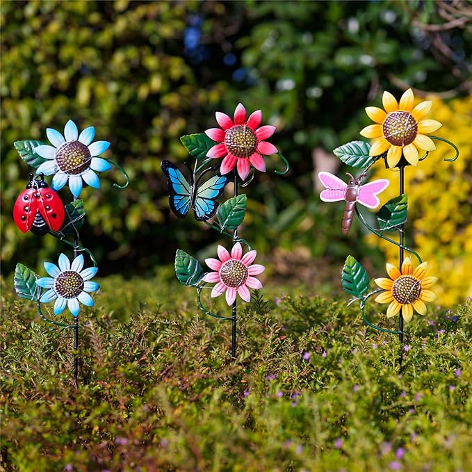 3 Pack Solar Garden Light, Sunflower & Insect Metal Solar Stake Lights, Outdoor Statues Figurine Lights for Spring Garden Lawn Patio Yard Decor