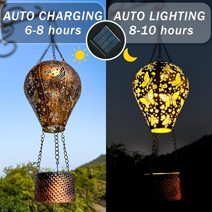 Butterfly Decor Hot Air Balloon Solar Lantern – Outdoor Decorative Hanging Light for Garden Yard Patio Porch Lawn and Pathway – Unique Housewarming, Birthday Gift for Women Mom Grandma