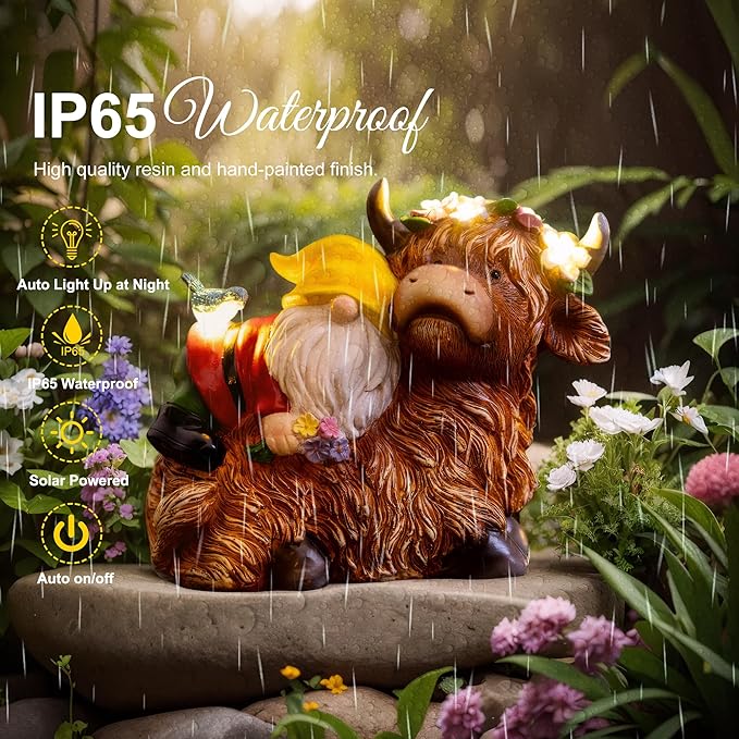 Garden Gnome Statue - Highland Cow with Solar Flower LED Lights and Bird - Funny Outdoor Decor for Table, Patio, Lawn - Unique Birthday Gifts for Mom, Women, and Christmas Decorations