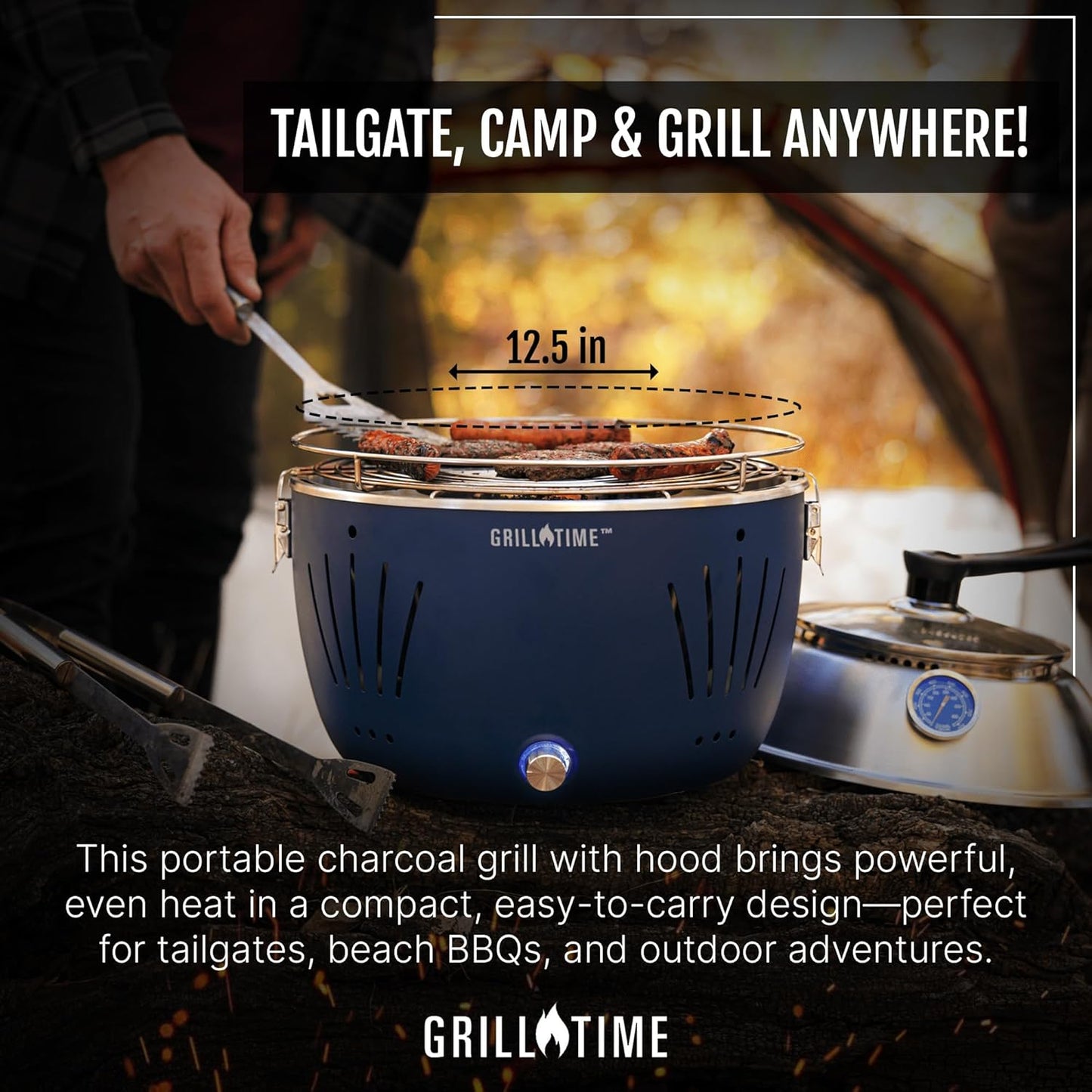 GrillTime Tailgater GT Hood Combo 13 Inch - Portable Charcoal Grill with Hood, Small Tabletop Grill for Tailgate Parties, Camping, Beach BBQ, Grey