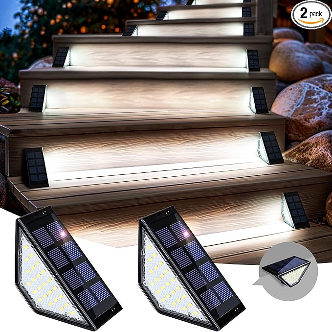SOLPEX Solar Step Lights for Outside, 24 LEDs Solar Stair Lights Outdoor Waterproof Decor for Stair, Porch, Step, Deck, Fence, Front Door, Balcony, Patio, Wall, Yard, Garden(2 Pack, Cold White)