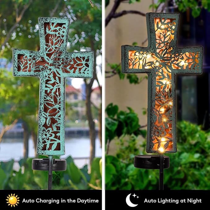 Solar Cross Garden Stake Lights 38inch Outdoor Waterproof Memorial Garden Decor 2 Lighting Modes Cemetery Decorations for Grave for Remembrance Gifts & Sympathy Gifts (Blue Cross)