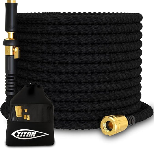 TITAN Flexible Garden Hose 25FT – Ultra Lightweight, Heavy Duty Water Hose with Brass Fittings & Jet Nozzle – Kink-Free, Non-Expanding, Durable Fabric Hose for Yard, Lawn, Car Wash, Outdoor Use