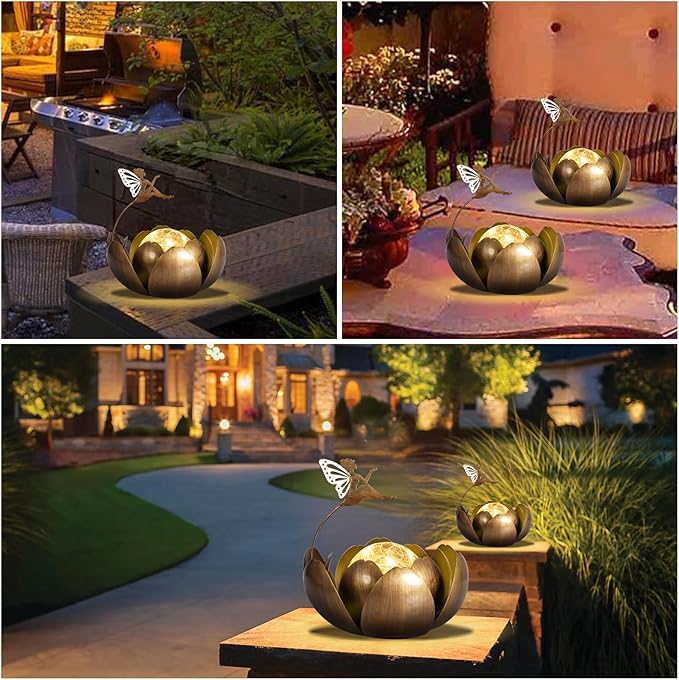 MUMTOP Solar Lights Fairy Garden Decor, Waterproof Metal Solar Lanterns Outdoor Crackle Globe Glass Lotus Flower Table Lamp for for Patio Pathway Yard Balcony Garden Decorations