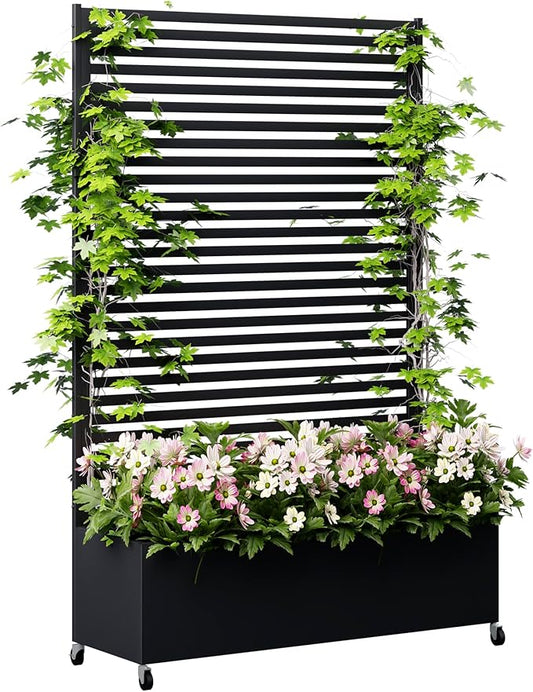 Metal Planter Box with Trellis Privacy Screen, Raised Garden Bed with Trellis & Wheels, Privacy Planters for Patio, Planter Box with Drainage Holes for Climbing Plants, Flower, 73"x 47"x 16", Black