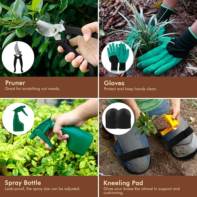 YAUNGEL Garden Tools - 10Pcs Garden Tool Set Heavy Duty Stainless Steel Gardening Supplies Hand Tools with Wooden Handle, Storage Tote Bag, Ideal Gardening Gifts for Women and Men, Black