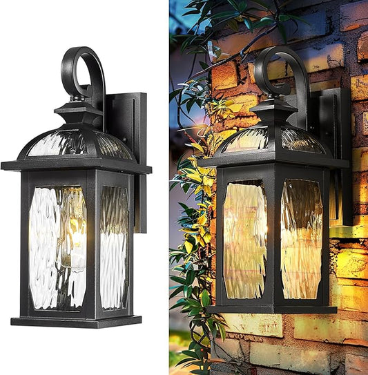 zeyu 15 Inch Outdoor Wall Lights Exterior, Outdoor Patio Light Fixture for Garden Porch, Die-Cast Aluminum with Water Ripple Glass, Black Finish, ZD100B BK-WP