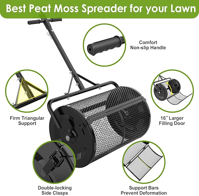 Seeutek Compost Spreader, 24" Peat Moss Spreader with 3 Heights, Top Soil Spreader W/Upgraded Side Latches Support Rod Powder Coated Metal Mesh Top Dressing Spreader for Lawn, 2 Way Uses-Push or Tow