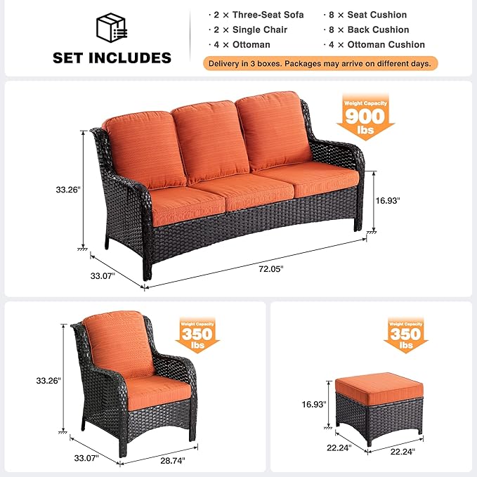 ovios 8 Pieces Patio Furniture Set, Outdoor Wicker Sofas with 2 Chairs, 4 Ottomans and Comfy Cushions, All Weather High Back Couch Set for Deck Porch, Brown Rattan, Orange Red
