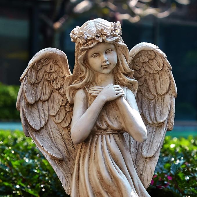 Garden Angel Figurines, Light Up Praying Angel Statues Outdoor Statue with Solar LED Lights for Patio, Lawn, Cemetary Grave Decoration, Sympathy Gift, 16.9" H