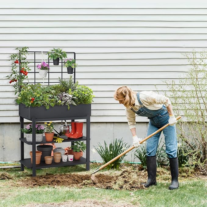 Elevated Planter Box with Trellis Raised Garden Bed with Legs Outdoor Standing Flower Beds for Patio Vegetable Herb
