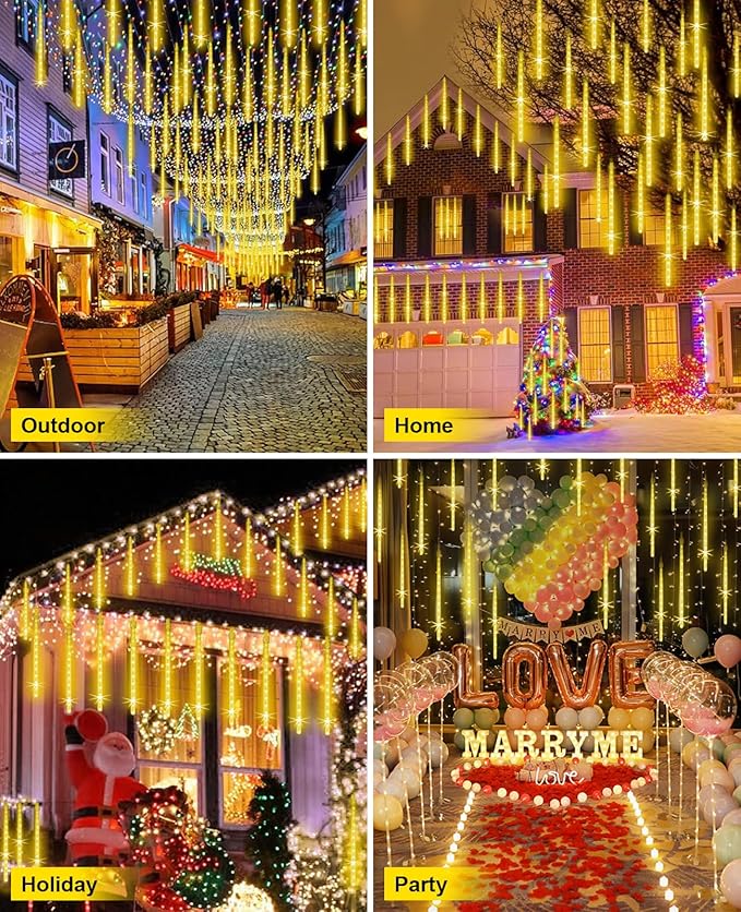 Meteor Shower Rain Lights Solar Christmas Lights Outdoor Falling Rain Drop Lights Snowfall Icicle Cascading String Lights 16 Tubes 16 Inch 576LED for Xmas Tree Wedding Party Holiday Patio Garden Decor