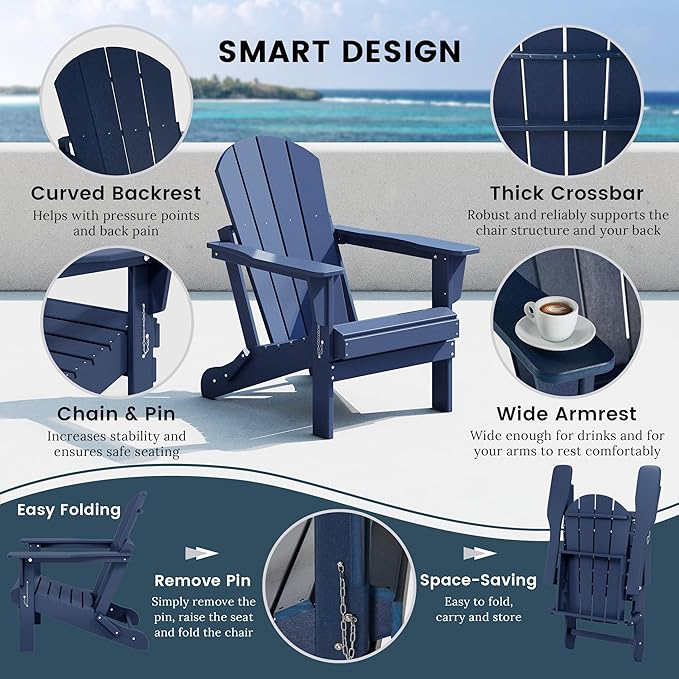 Westin Outdoors Laguna WO Home Outdoor Adirondack Folding Chair Lounger Seat Traditional Retro Home Furniture for Beach, Balcony, Backyard, Lawn, Patio, Pool, Deck, Garden (Navy Blue)