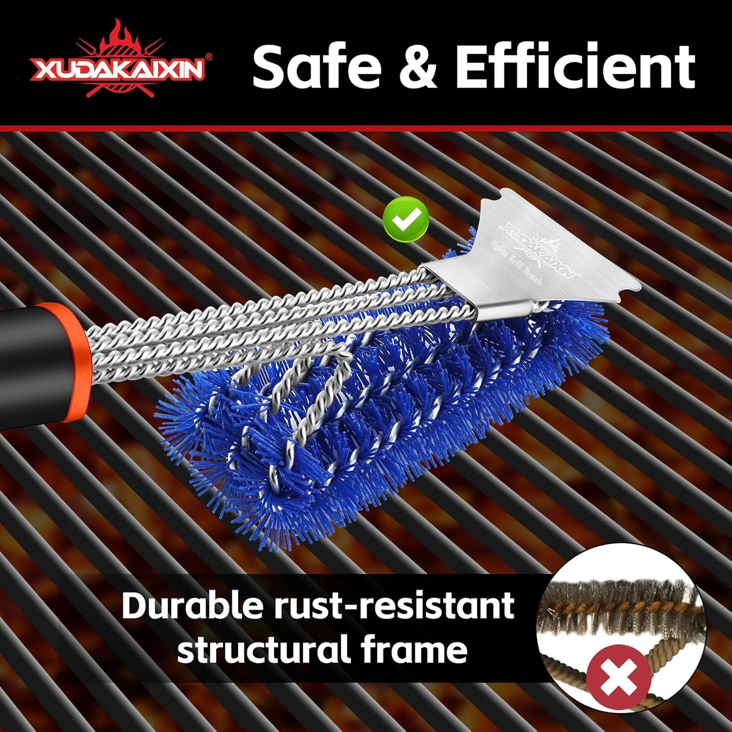 Grill Brush and Scraper, Safe Nylon Bristles Barbecue Triple Scrubbers Cleaning Brush for Cast Iron Grates/Porcelain/Weber Gas/Charcoal Grill,Extra Strong BBQ Cleaner Accessories (Blue)