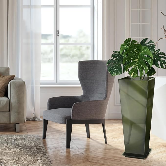 KOL 28''H. Tall Metal Planter with Saucer, Galvanized Steel Glazed Planter Pots with Drainage Hole for Indoor & Outdoor Use, Set of 2, Decorative Flower Plant Pots for Front Porch, Patio, Deck - Green