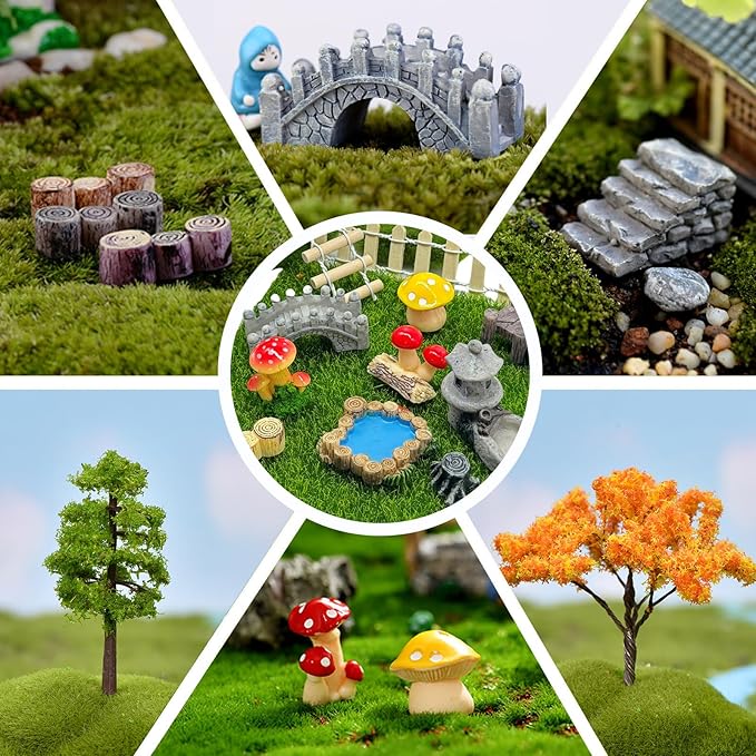 23 Pcs Fairy Garden Miniatures Jumping Spider Enclosure Accessories, Mini Bridge Fence Pond Street Lamps Mushroom Lawn Figurines Garden Decorations for Jumping Spider Habitat