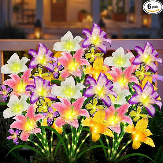 Solar Garden Lights 6 Pack 24 Lily Flowers with Butterfly Decor, Waterproof Solar Flower Lights for Outdoor - Upgraded Decorative Lilies for Yard, Patio, Pathway Decorations & Gardening Gifts