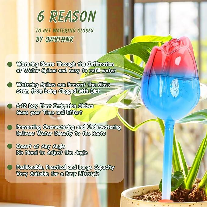 Plant Watering Globes Tulips, 4 Pcs Glass Self Watering Globes, Self Watering Planter Insert with Watering Spikes ,Automatic Plant Watering Devices,Large Watering Bulbs for Indoor & Outdoor Plants