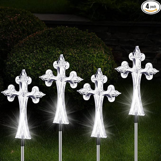 Riakrum 4 Piece Solar Cross for Cemetery Grave Grave Crosses for Cemetery Memorial Stake Solar Lights Waterproof Outdoor Garden Stake Cemetery Cross for Grave Yard Decorations, 16 Inches Long