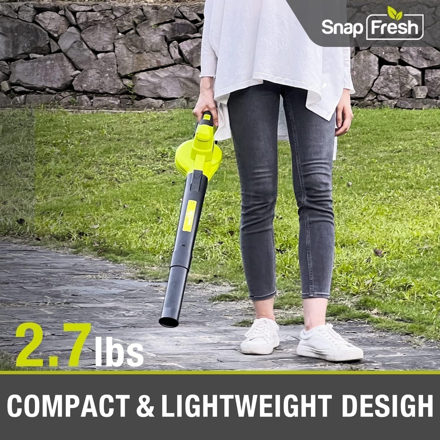 SnapFresh Cordless Leaf Blower - 20V Electric Leaf Blower with 2.0 Ah Battery and Charger - Lightweight 2-Speed Leaf Blower for Lawn Care and Yard/Garden/Patio Cleaning