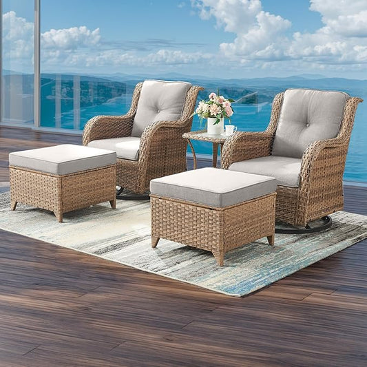 Outdoor Wicker Patio Furniture Set - 5 Pieces Rattan Patio Conversation Set with 2 Rocking Swivel Chairs,2 Ottomans and 1 Side Table for Porch Deck Backyard Garden(Yellow/Beige)