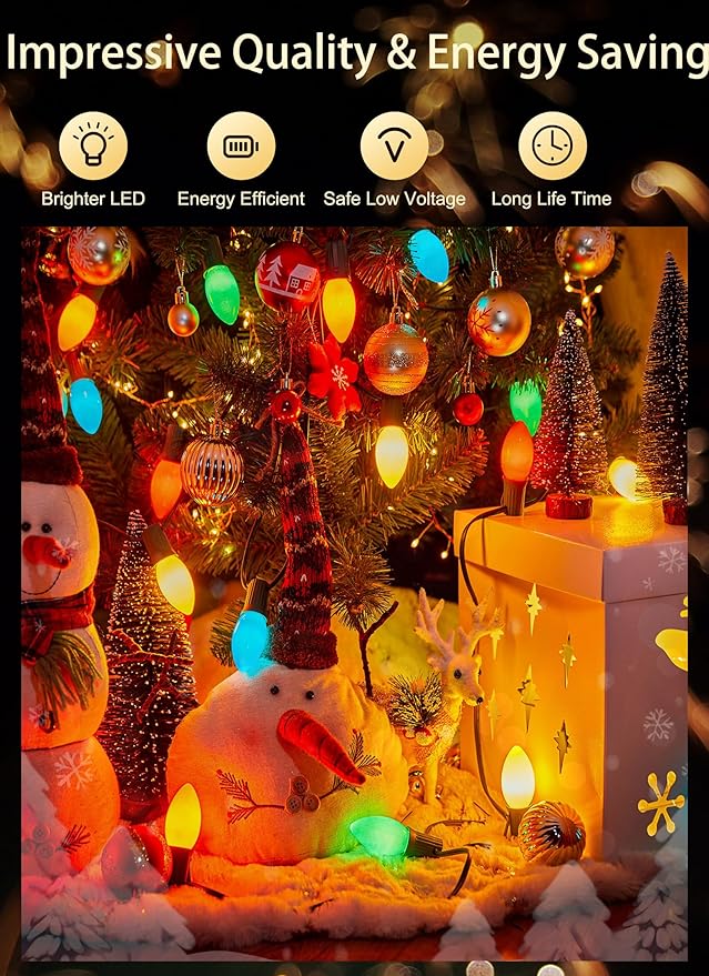 Vintage C9 LED Christmas Lights Outdoor, 100 Feet C9 String Lights with 100 Colored Shatterproof Bulbs, Connectable Waterproof Lights for Holiday Party Roofline Backyard Garden Patio, Green Wire