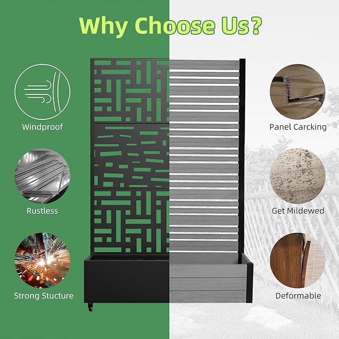 Casaphoria Metal Raised Garden Bed with Trellis and Wheels, 72"x47"x16" Planter Box for Climbing Plants, Vegetables & Vines, Features Drainage Holes and Privacy Screen, Black(Helen&Gerald)