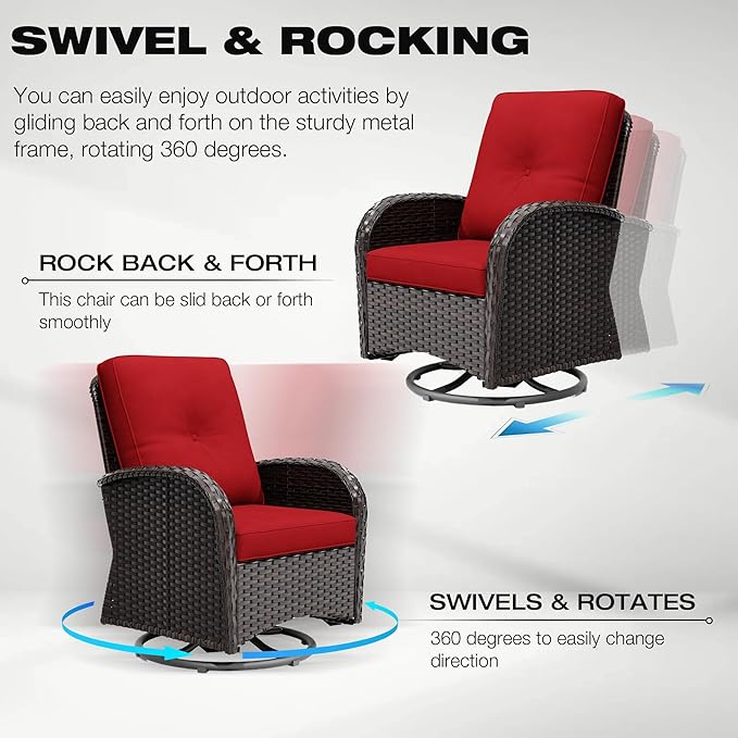 Joyside Outdoor Swivel Rocker Chairs, 3 Piece Wicker Patio Set with Thick Cushion and Side Table, Rattan Patio Swivel Rocking Chairs for Porch, Deck Use (Brown/Red, 3 PCS)