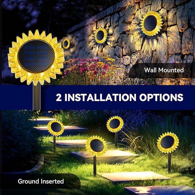 Outdoor Solar Lights, 4 Pack Led Solar Sunflower Lights, Stake/Wall 2-in-1 Waterproof Solar Garden Lights for Yard, Landscape, Fence, Patio, Driveway, Pathway, Backyard Decoration (Warm White)