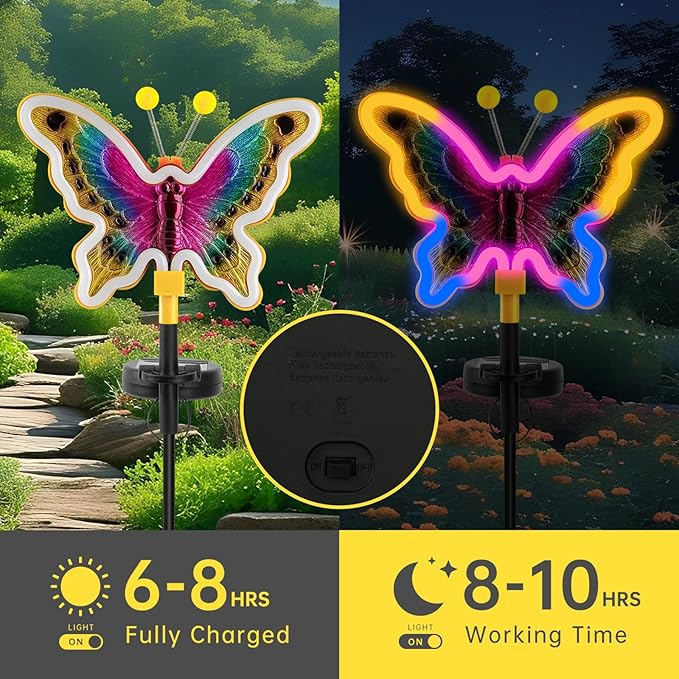 Solar Butterfly Lights,Solar Garden Decor, Outdoor Garden neon Lights,Butterfly Solar Stake Lights,Yard Patio Pathway Decoration Outdoor(Yellow, 2pack)