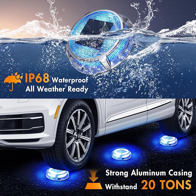 Quntis Solar Deck Lights Outdoor, 3 Color Modes Solar Driveway Lights IP68 Waterproof, Deck Light for Stair Pathway Walkway Pool Road (Blue/Cool White/Warm White) 2 Pack