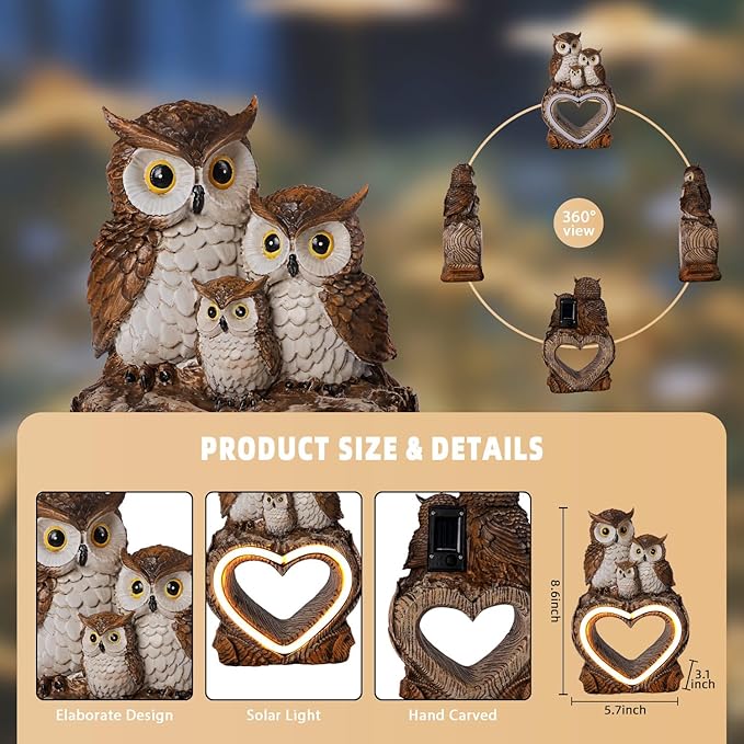 Solar Garden Decor Statues 8.6" Resin Solar Owl Waterproof Garden Owl Decor for Outside Yard Patio Porch Decoration Gift for Mom Grandma