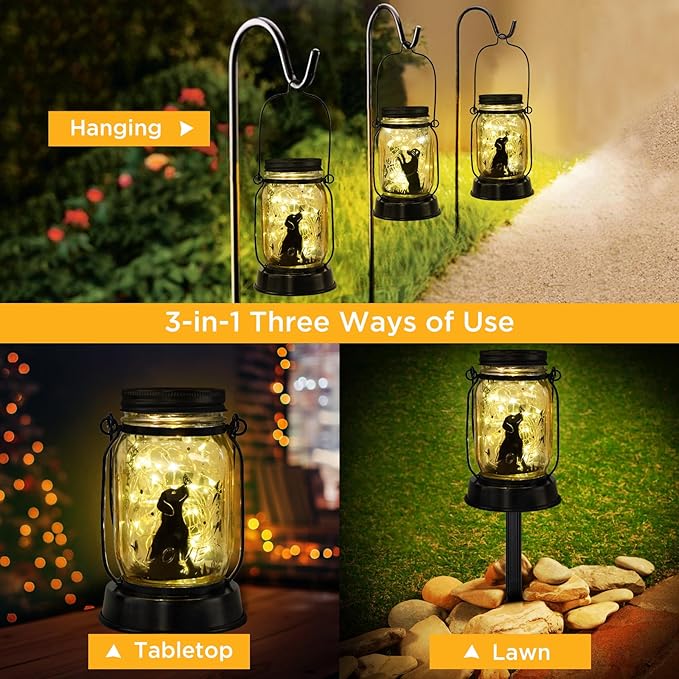 Kyoryuger Dog Solar Lanterns 3in1 Dog Light Garden Decor Gifts for Women Mom Grandma Unique Teen Girl Gifts Christmas Gifts for Dog Lovers Decorative Pet Memory Lanterns for Yard Lawn Patio 2 Pack