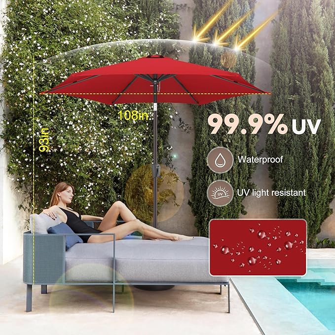 9ft Outdoor Patio Umbrella - Table Umbrella Waterprool UV Protection, Sombrillas de Patio with Push Button Tilt&Crank, Sun Umbrella for Pool, Porch, Garden, Deck, Backyard(Red)
