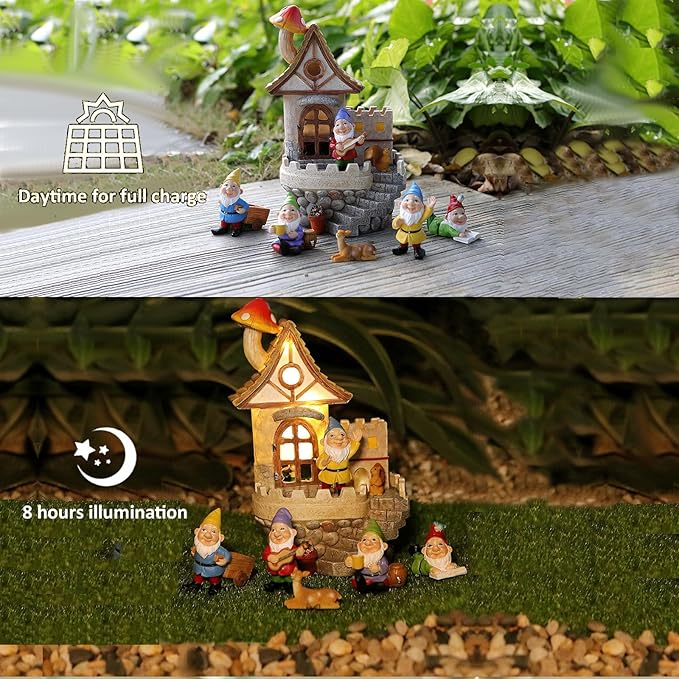 Fairy Tale Solar Castle Garden Decor Figurine Lights for Outside with Gnomes Set - Outdoor Statues Decorative Resin Sculpture with Solar Light, Decorations for Yard, Patio, Porch, or Lawn